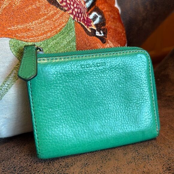 VINTAGE COACH WATER BUFFALO LEATHER WALLET CARD CASE ZIP AROUND EXOTIC GREEN’ish - Picture 1 of 9
